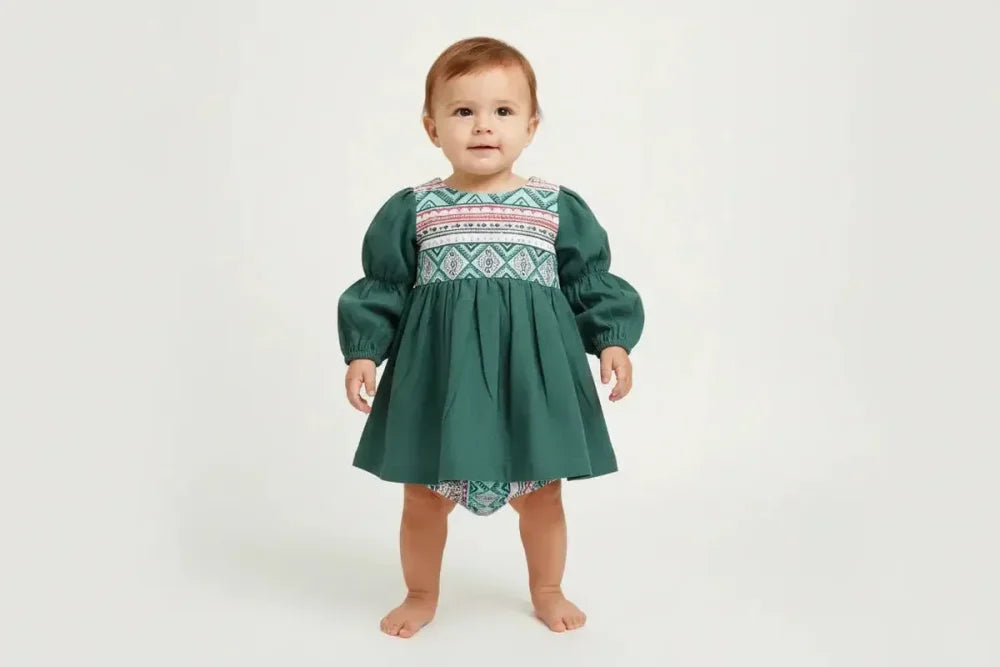 Cotton Woven Baby Dress & Bloomers Set - Teal - Dresses