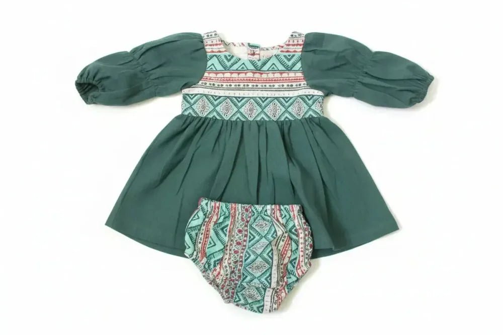 Cotton Woven Baby Dress & Bloomers Set - Teal - Dresses