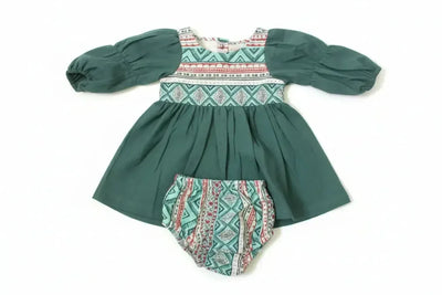 Cotton Woven Baby Dress & Bloomers Set - Teal - Dresses