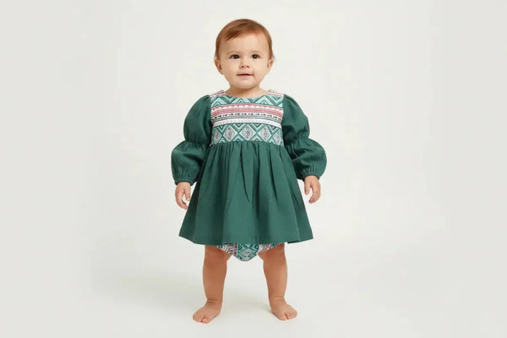 Cotton Woven Baby Dress & Bloomers Set - Teal - Dresses