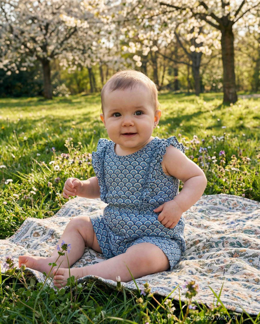 Cotton Woven Baby Girls Jumpsuit - Blue - Romper