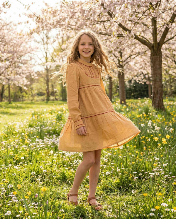 Cotton Woven Girls Dress - Apricot - Dresses