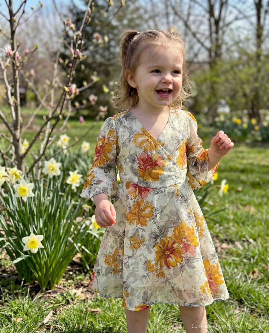Cotton Woven Girls Dress - Marigold Floral - Dresses