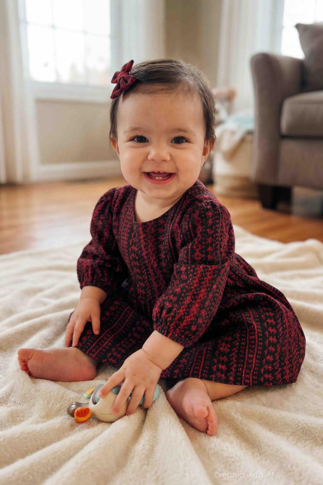 Cotton Woven Girls Dress - Maroon - Dresses