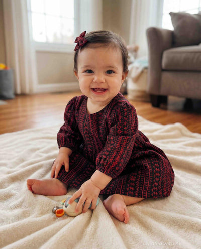Cotton Woven Girls Dress - Maroon - Dresses