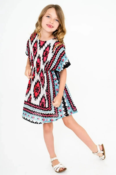 Cotton Woven Girls Dress - Pink & Blue - Dresses