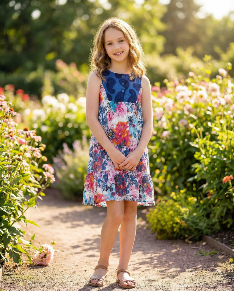Cotton Woven Girls Dress - Royal Blue Multicolor - 13Y - Dresses