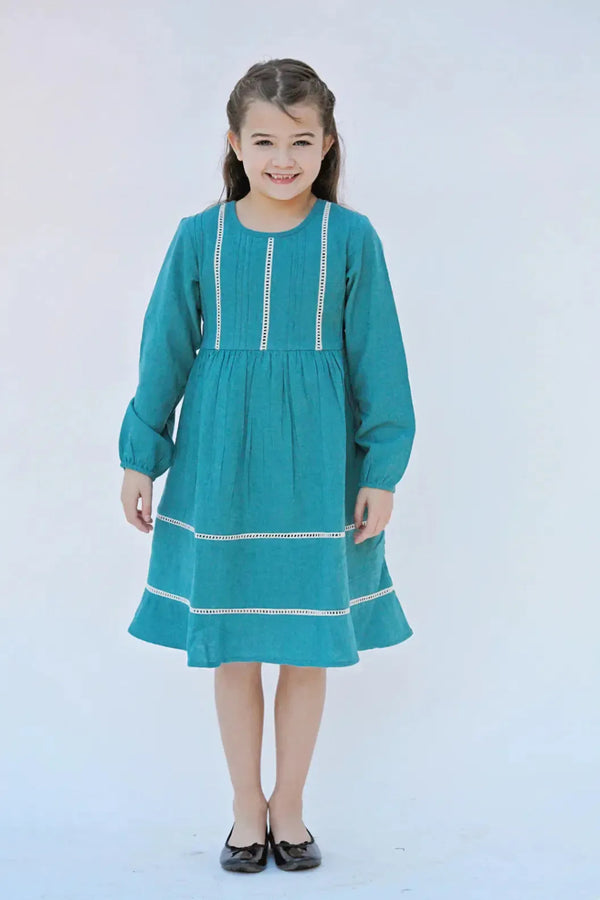 Cotton Woven Girls Dress - Teal - Dresses