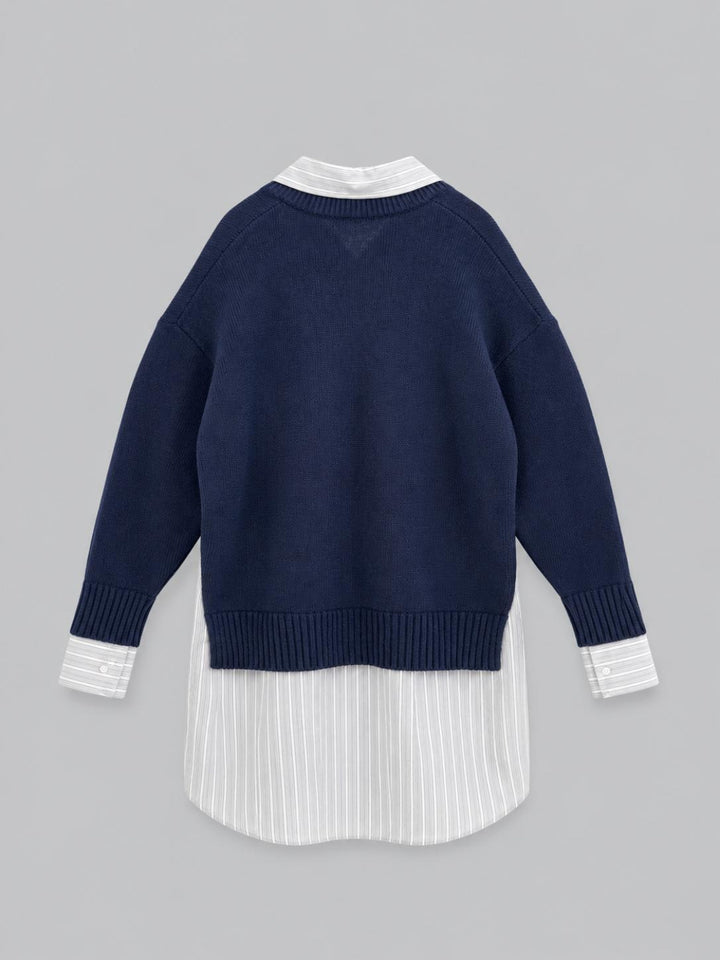 Crewneck Sweater Shirt Dress - Navy - Dresses