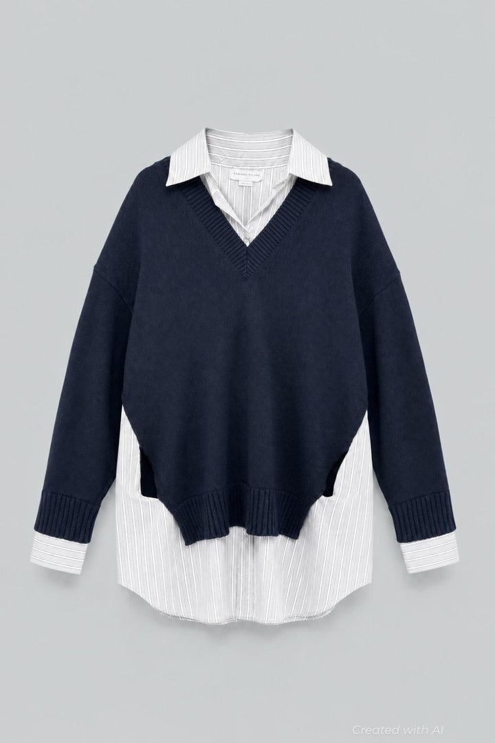 Crewneck Sweater Shirt Dress - Navy - Dresses