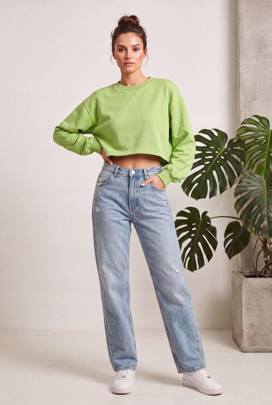 Crewneck Sweatshirt With Contrast Stitch - Green - Crewneck Sweatshirt