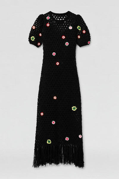 Crochet Maxi Dress With Floral Applique - Black Combo - Dresses