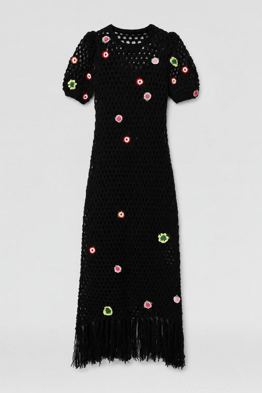 Crochet Maxi Dress With Floral Applique - Black Combo - Dresses
