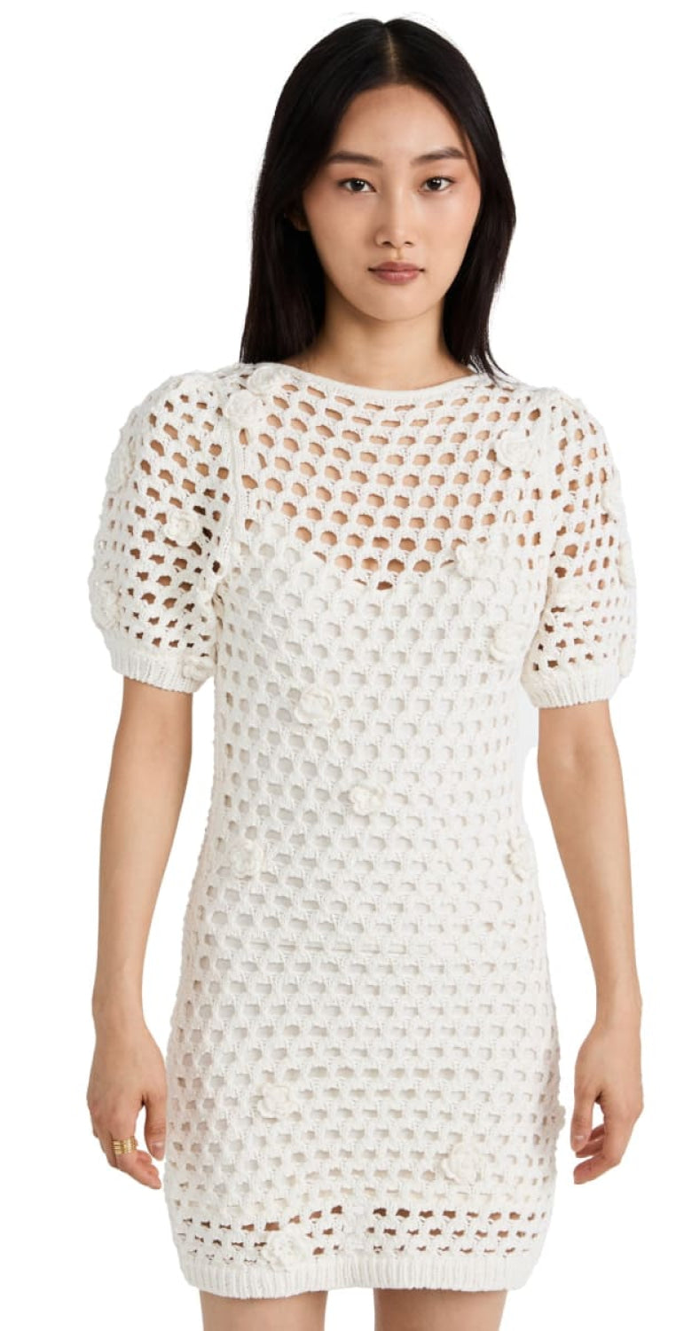 Crochet Mini Dress With Floral Applique - Ivory - Dresses