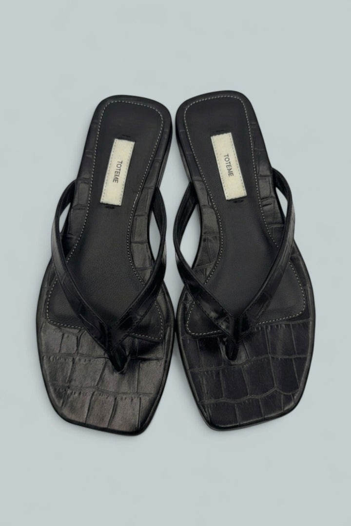 Croco Embossed Flip Flops - Black - Sandals