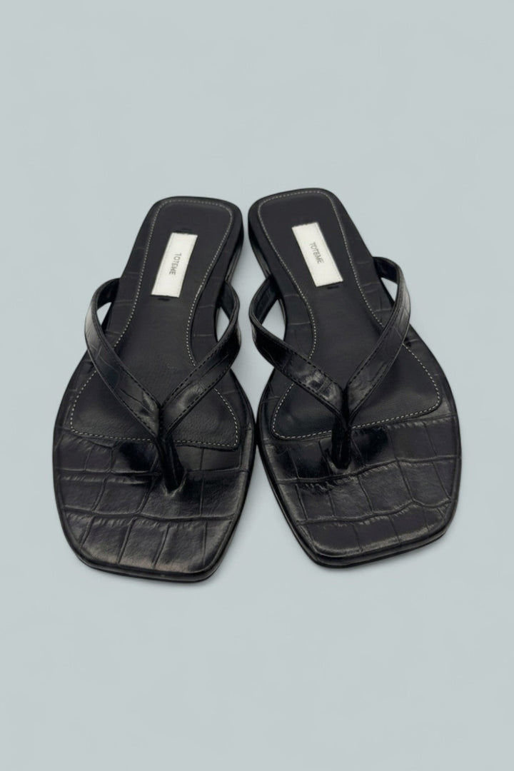Croco Embossed Flip Flops - Black - Sandals