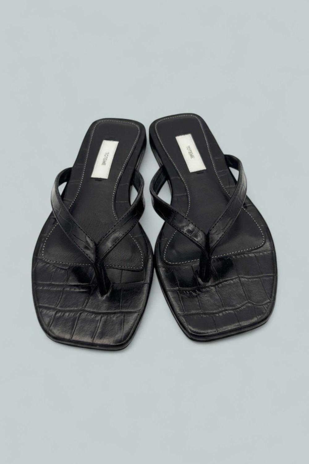Croco Embossed Flip Flops - Black - Sandals