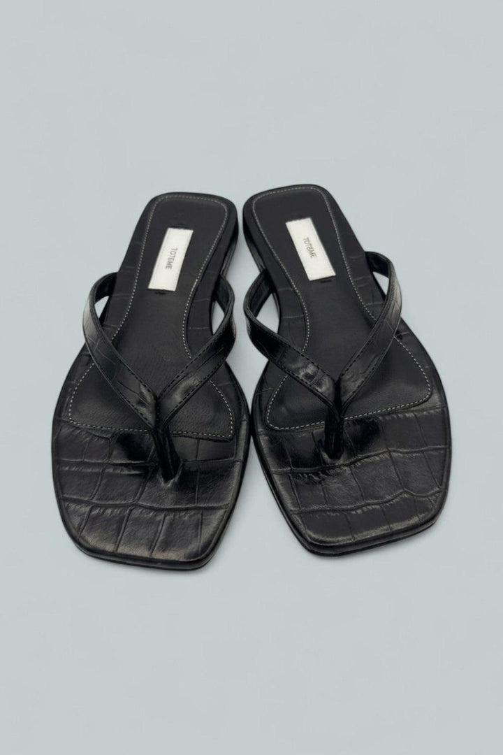 Croco Embossed Flip Flops - Black - Sandals