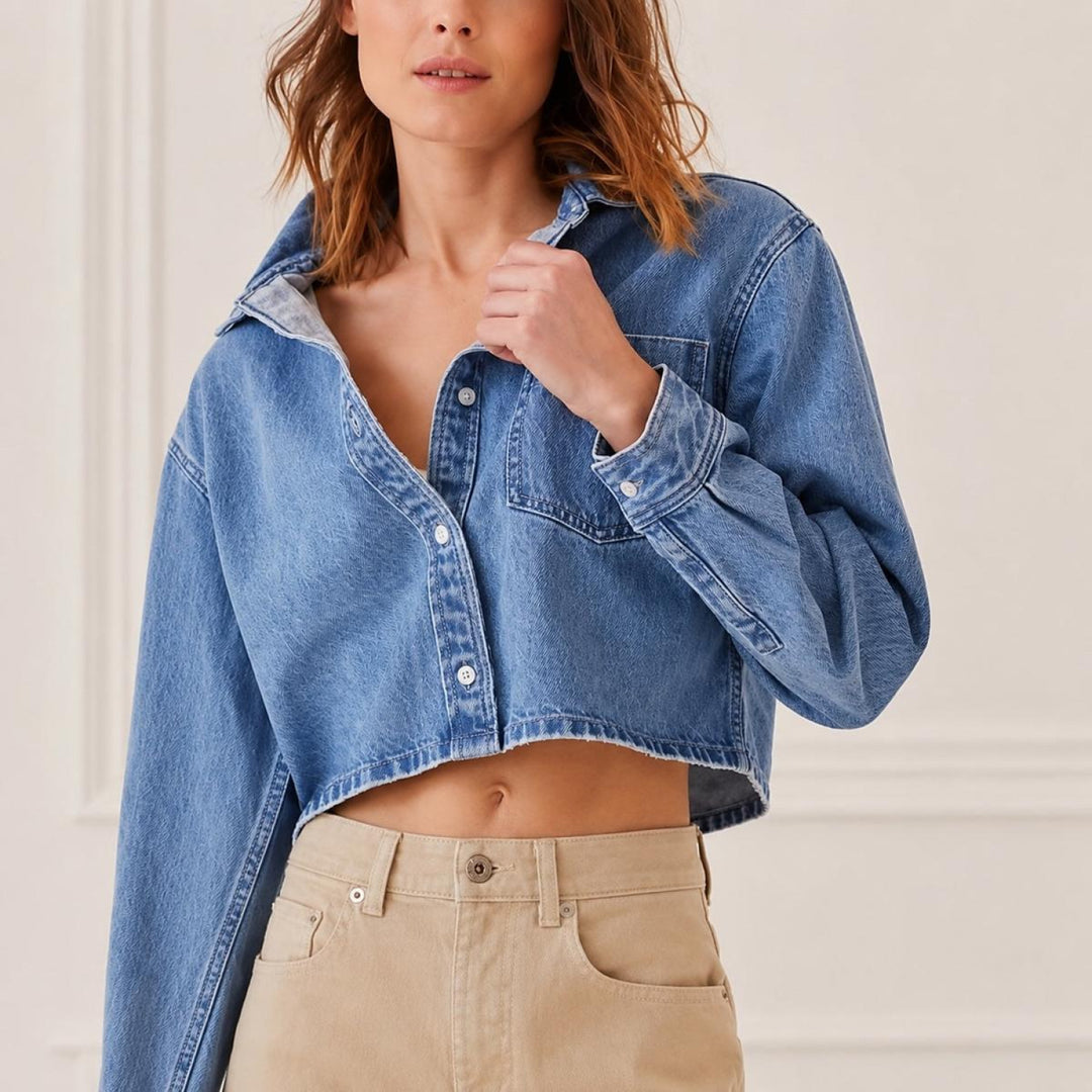 Cropped Lightweight Denim Shirt Jacket - Light Blue - Denim Shirt