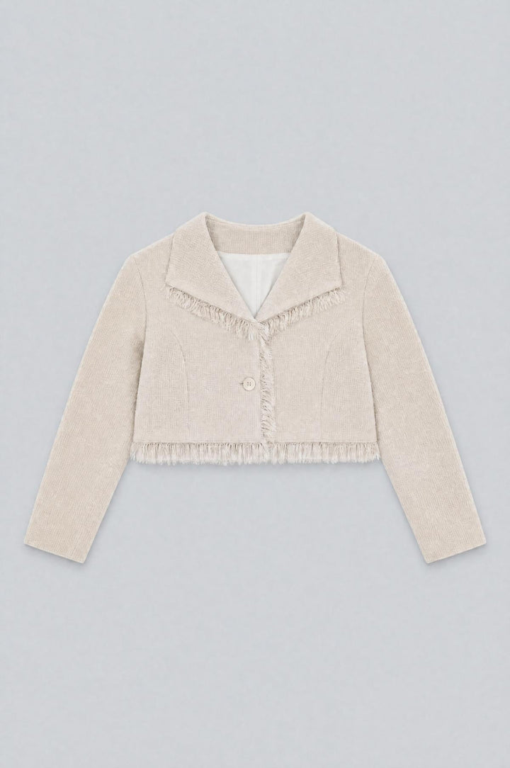 Cropped Tweed Frayed Hem Blazer - Ivory - Blazer