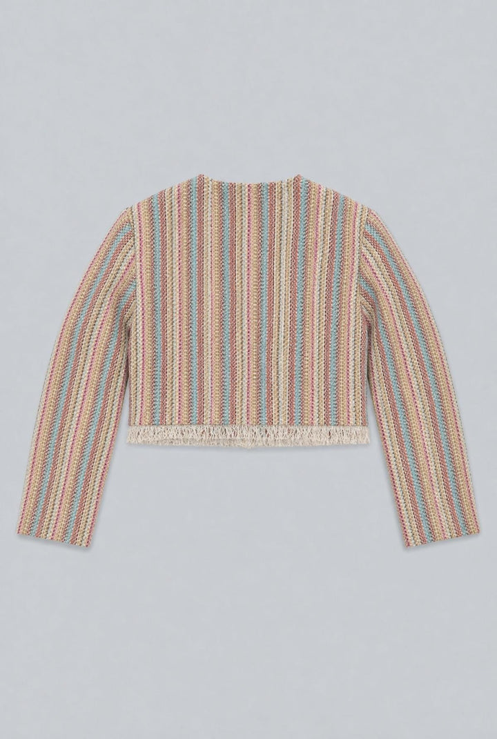 Cropped Tweed Frayed Hem Blazer - Rainbow/Multi - Blazer