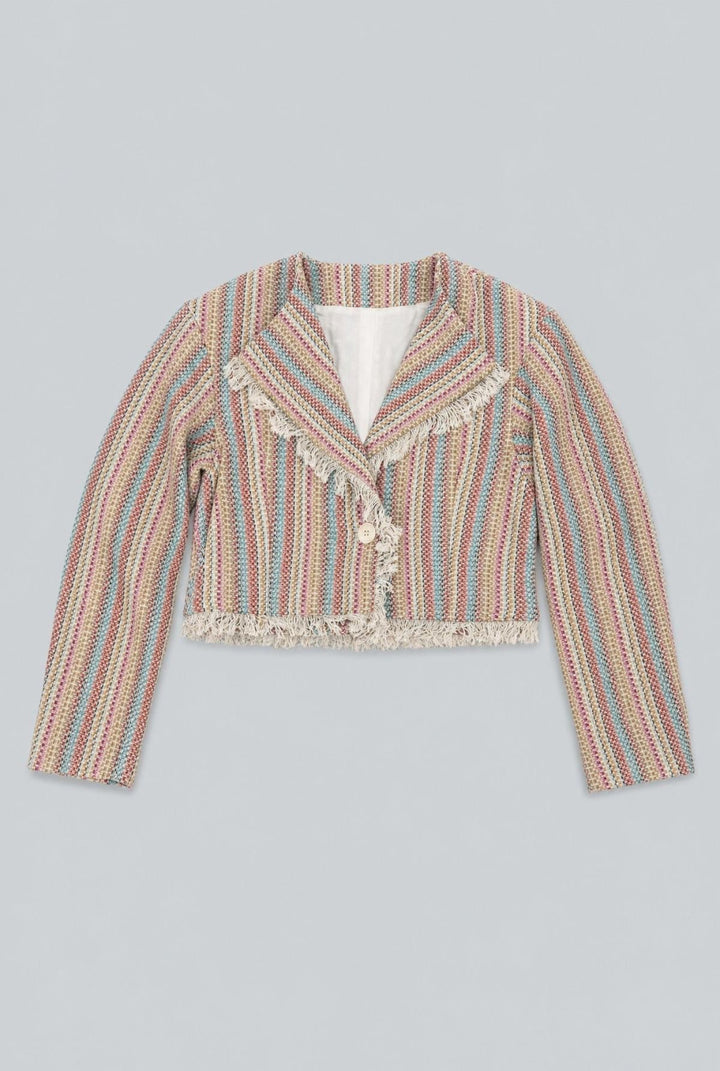 Cropped Tweed Frayed Hem Blazer - Rainbow/Multi - Blazer