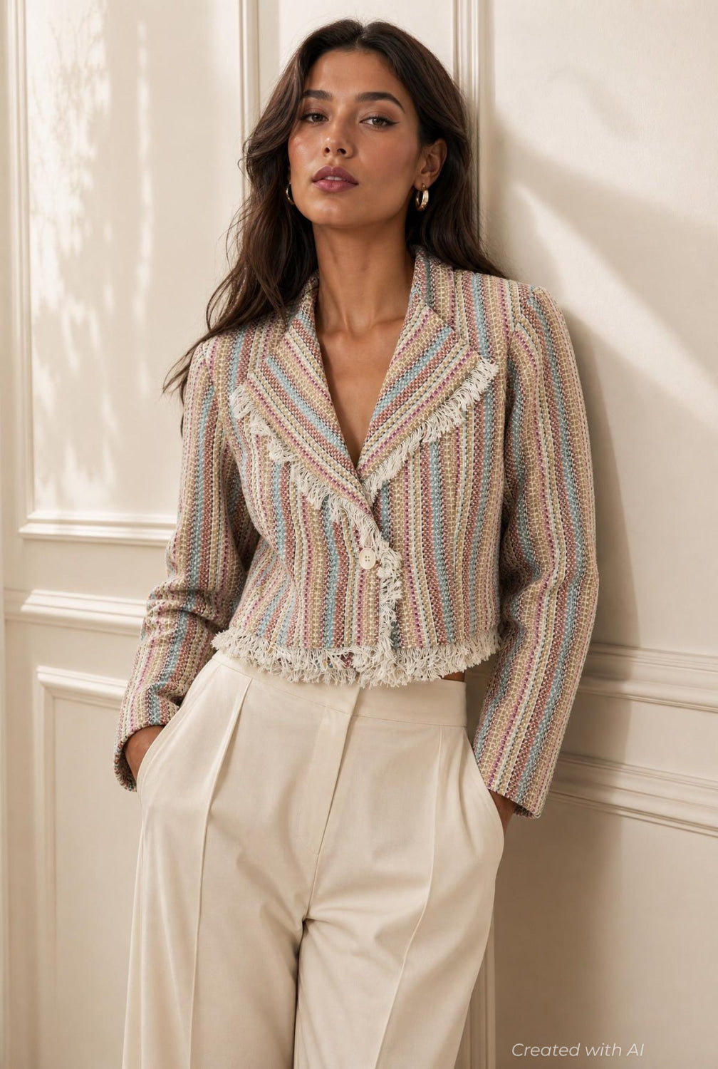 Cropped Tweed Frayed Hem Blazer - Rainbow/Multi - Blazer
