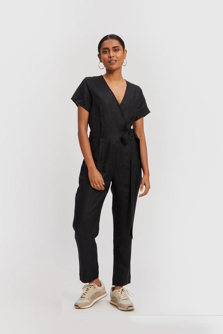 Cropped Wrap Jumpsuit - Black - Jumpsuit