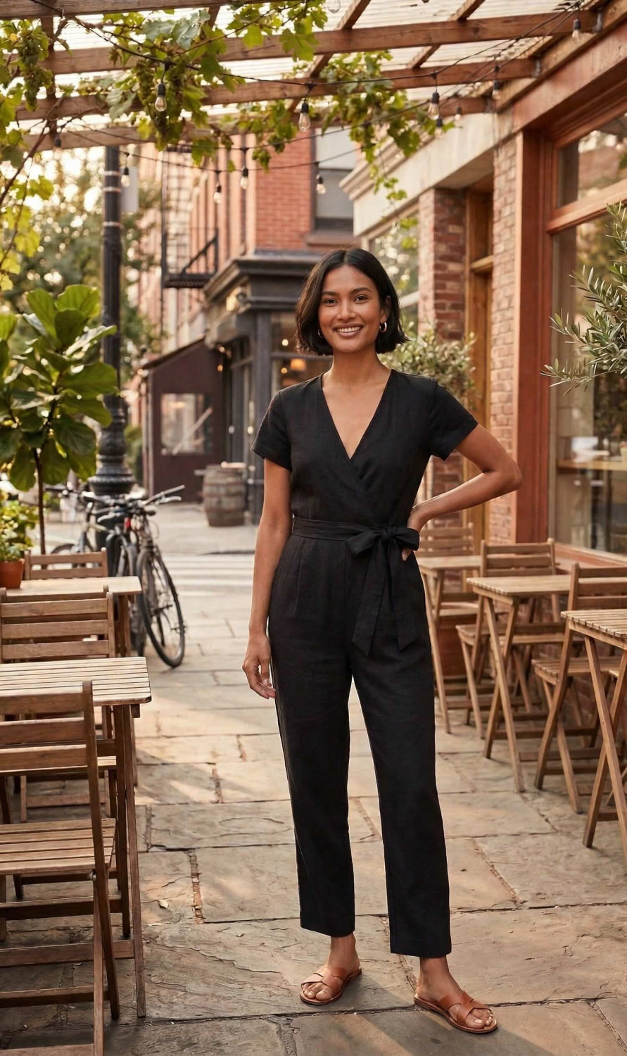 Cropped Wrap Jumpsuit - Black - Jumpsuit
