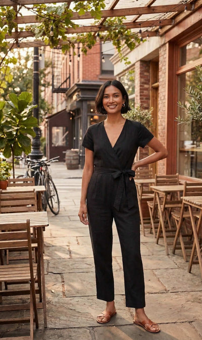 Cropped Wrap Jumpsuit - Black - Jumpsuit