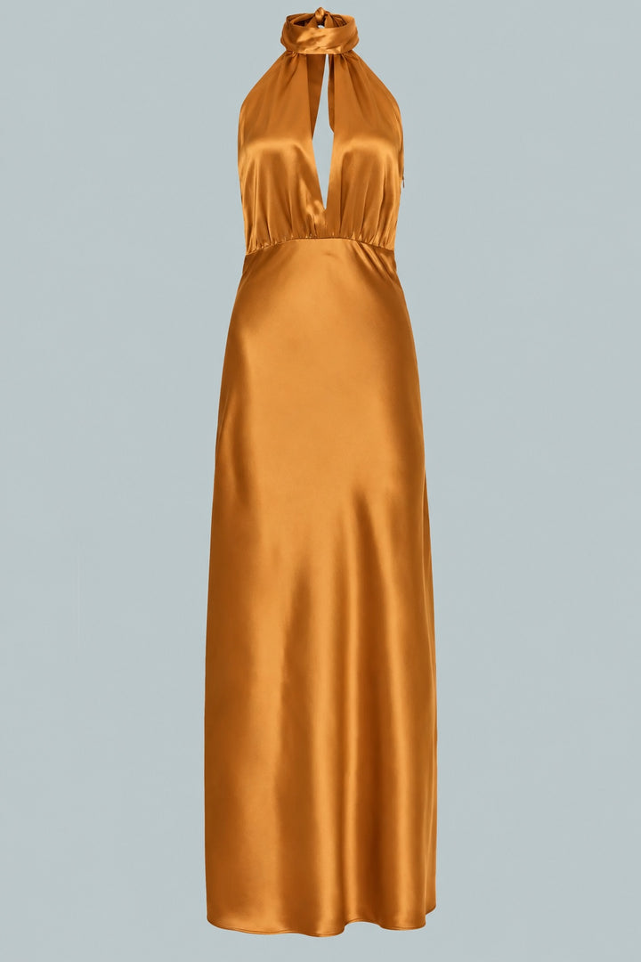 Silky Halter Cutout Gown - Burnt Orange
