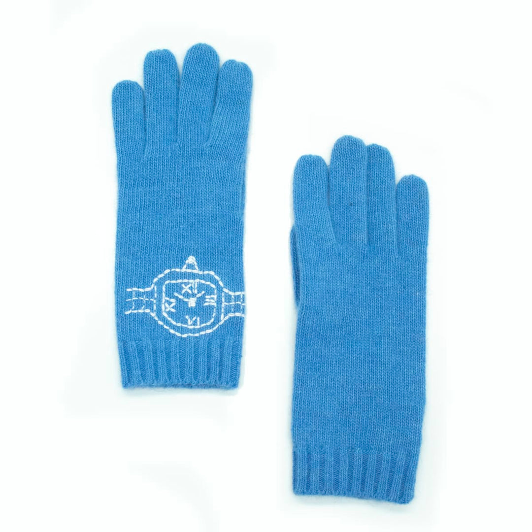 Gloves With Watch Embroidery Design - Blue