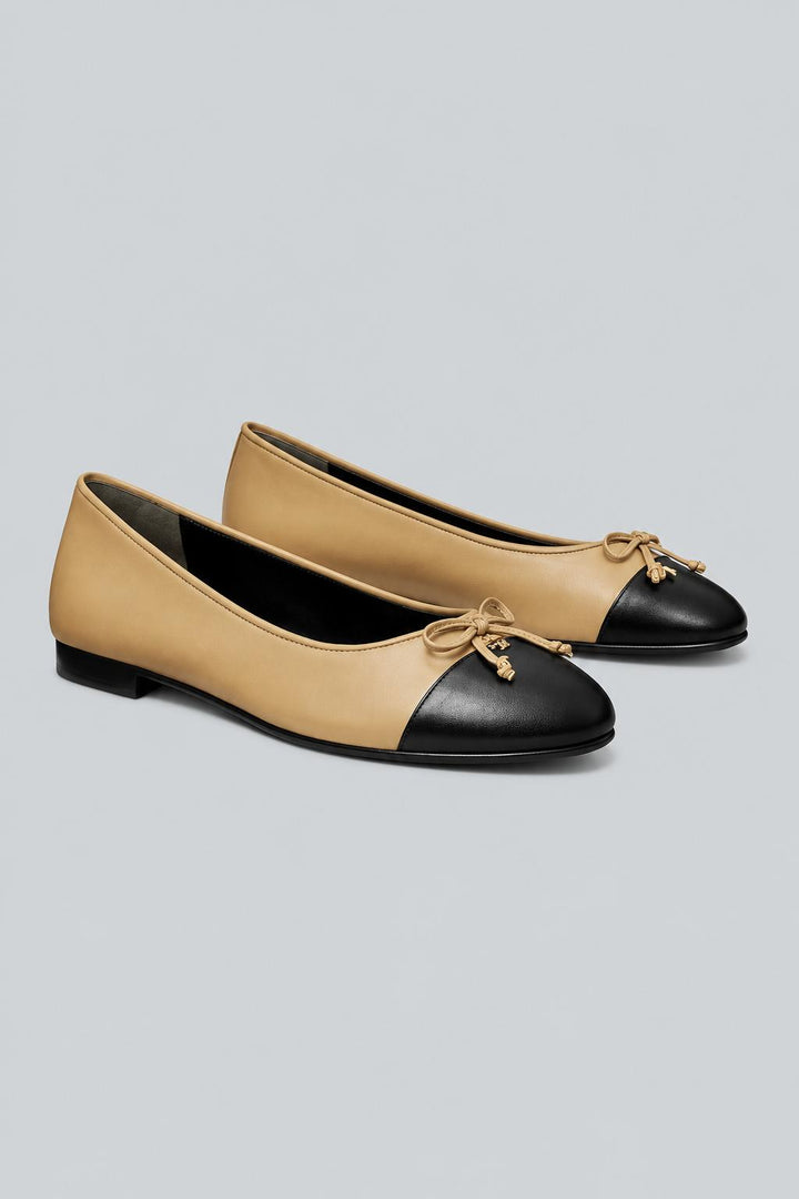 Cap Toe Ballerina Leather Shoes - Beige