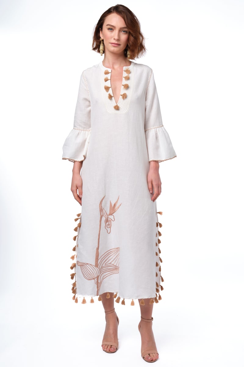 Sarina Kaftan - White/Beige Embroidery
