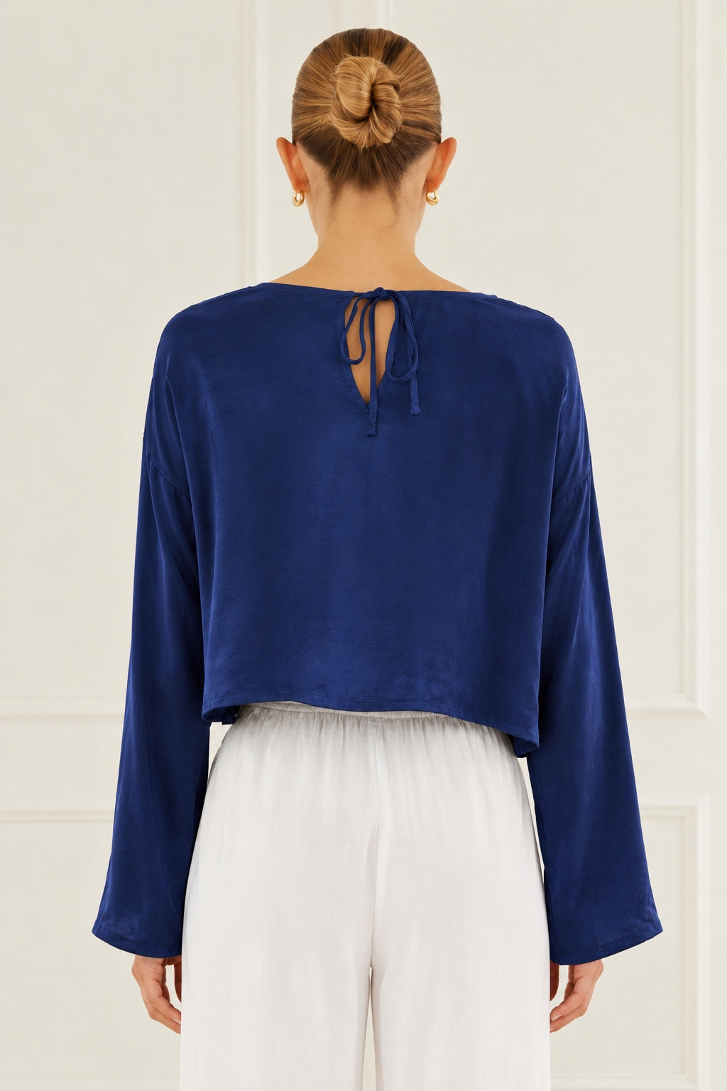 Silky Long Sleeve Cropped Top - Navy