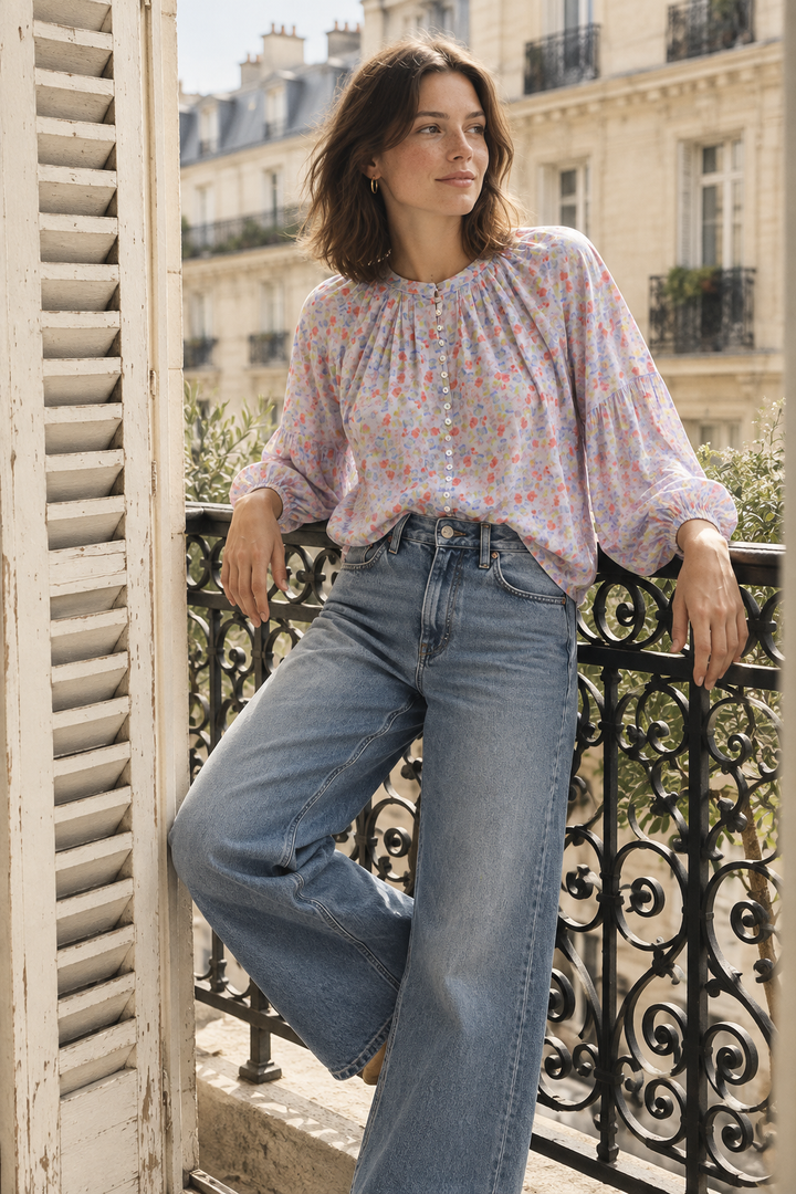 Long Sleeve Flowy Button Up - White Combo