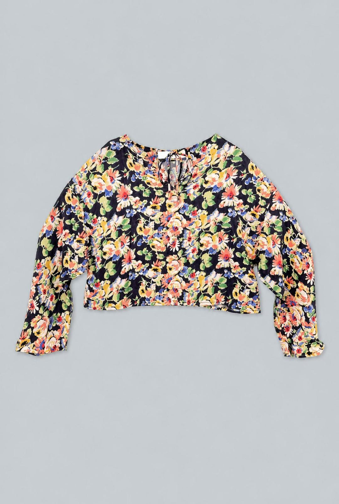 Floral Silky Long Sleeve Cropped Top - Navy Combo
