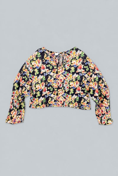 Floral Silky Long Sleeve Cropped Top - Navy Combo