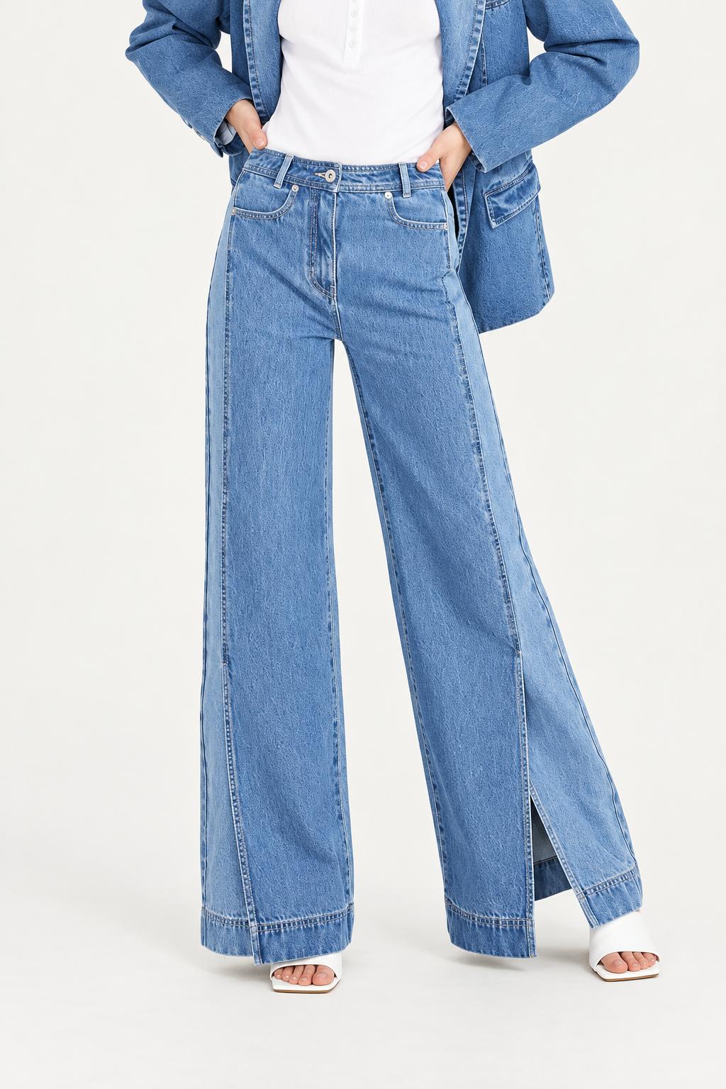 Two-Toned Wide Leg Denim With Slits - Medium Blue