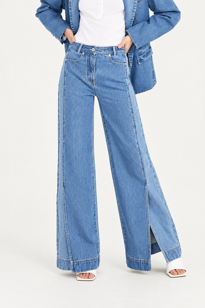 Two-Toned Wide Leg Denim With Slits - Medium Blue