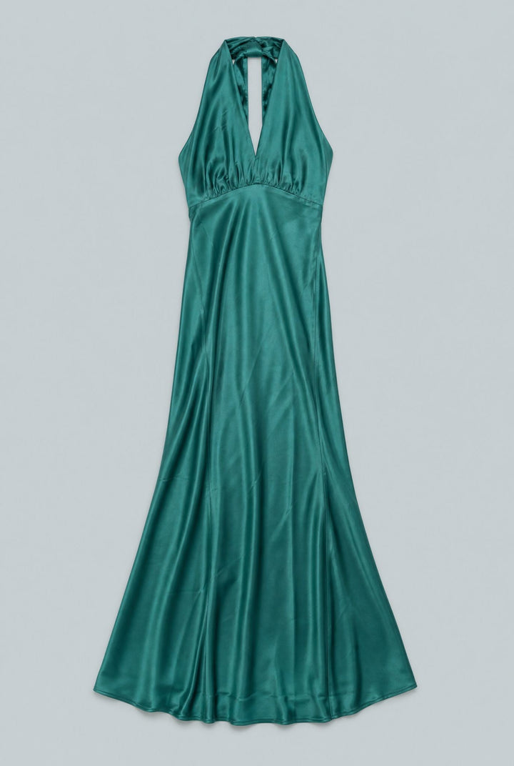 Silky Halter Cutout Gown - Emerald