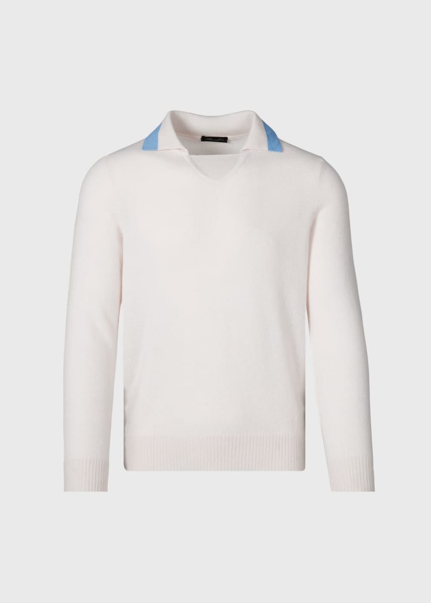 Open Collar Cashmere Sweater - White/Light Blue