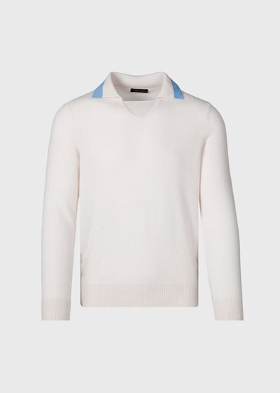 Open Collar Cashmere Sweater - White/Light Blue