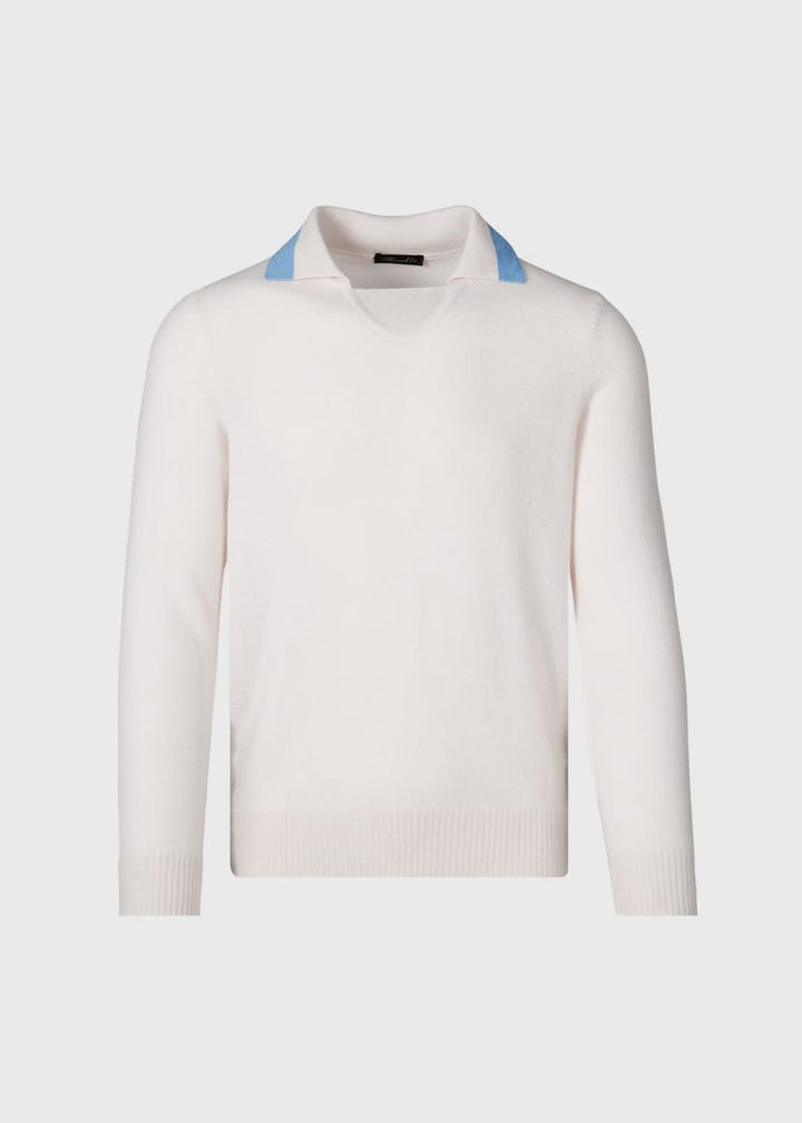 Open Collar Cashmere Sweater - White/Light Blue