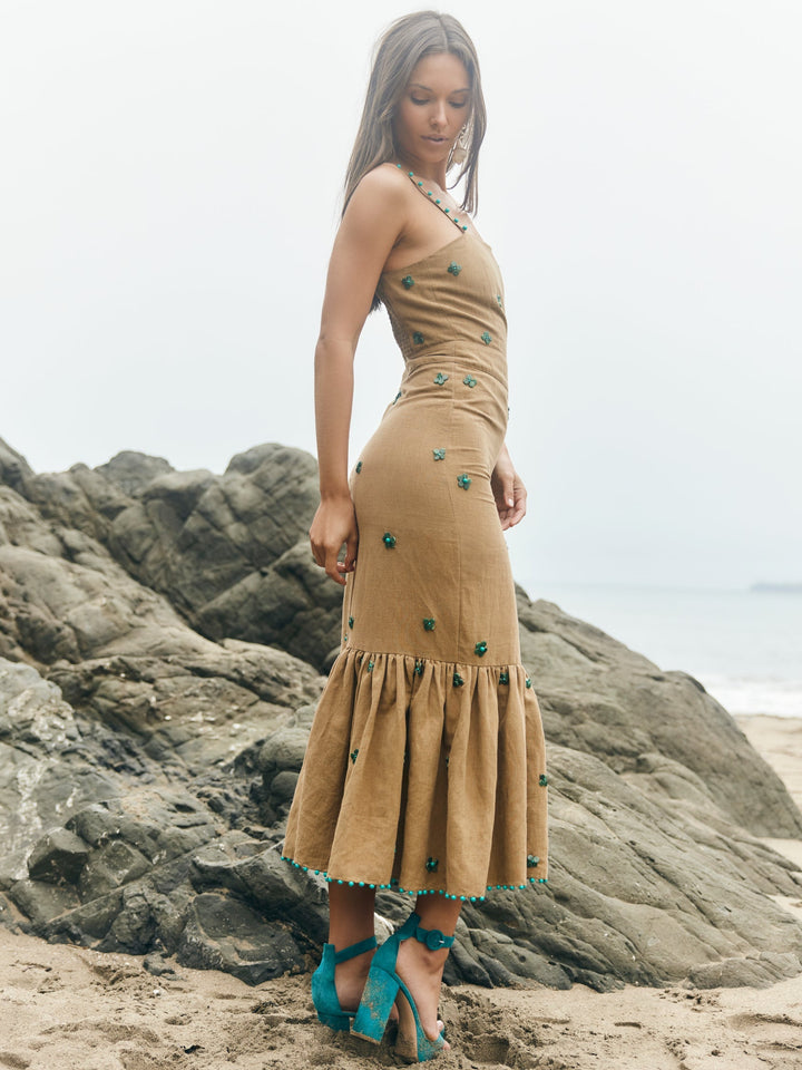 Desirae Midi Dress - Light Fawn & Emeralds