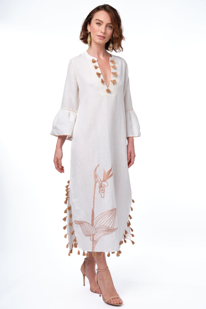 Sarina Kaftan - White/Beige Embroidery
