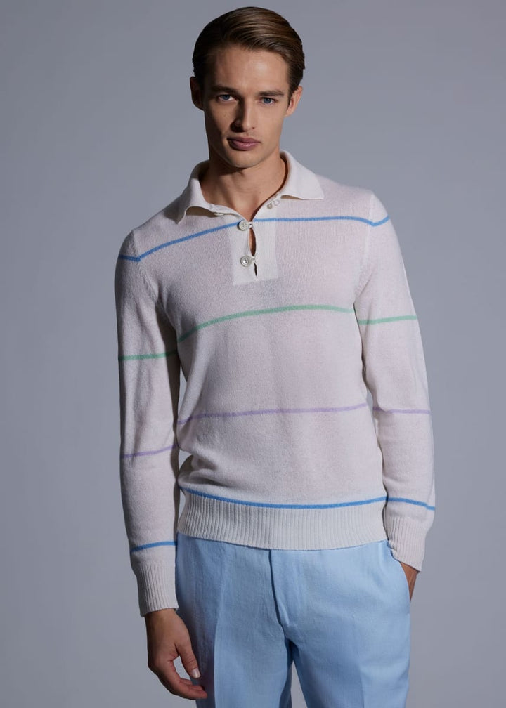 Cashmere Stripe Polo Sweater - White/Multi