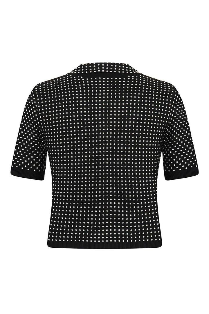 Rhinestone Embroidered Knitwear Top - Black-Silver