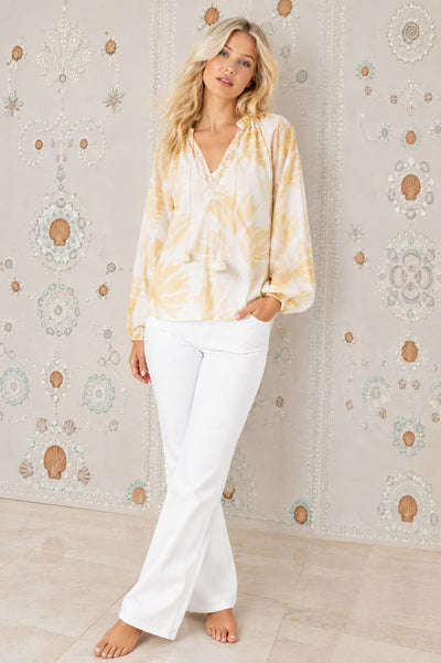 Helene Top - White Neutral Large Batik Palm