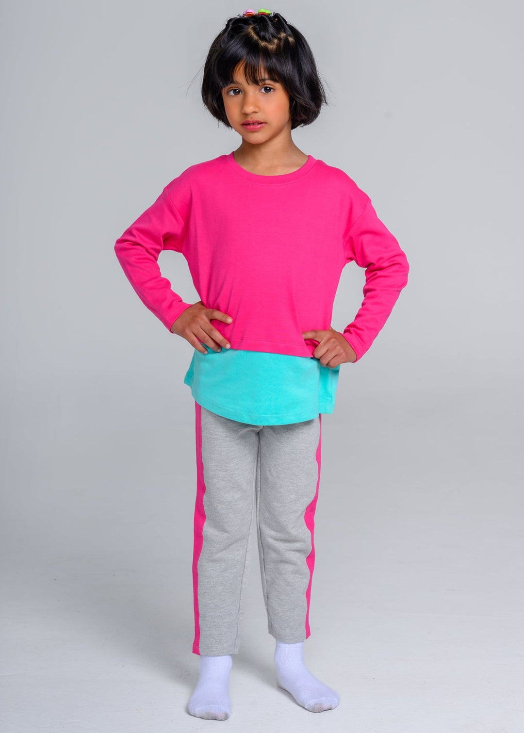 Long Sleeve Layered T-shirt - Pink & Teal
